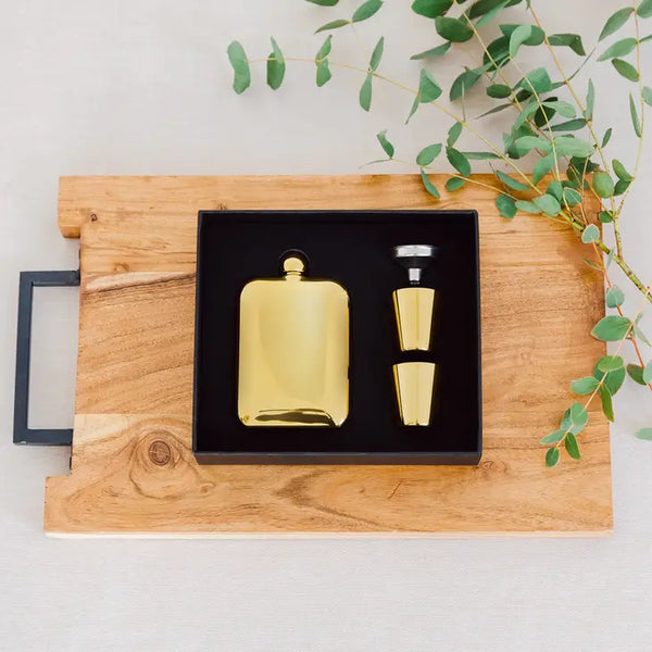 6 oz. Gold Metal Round Edged Hip Flask Gift Box Set - Blank