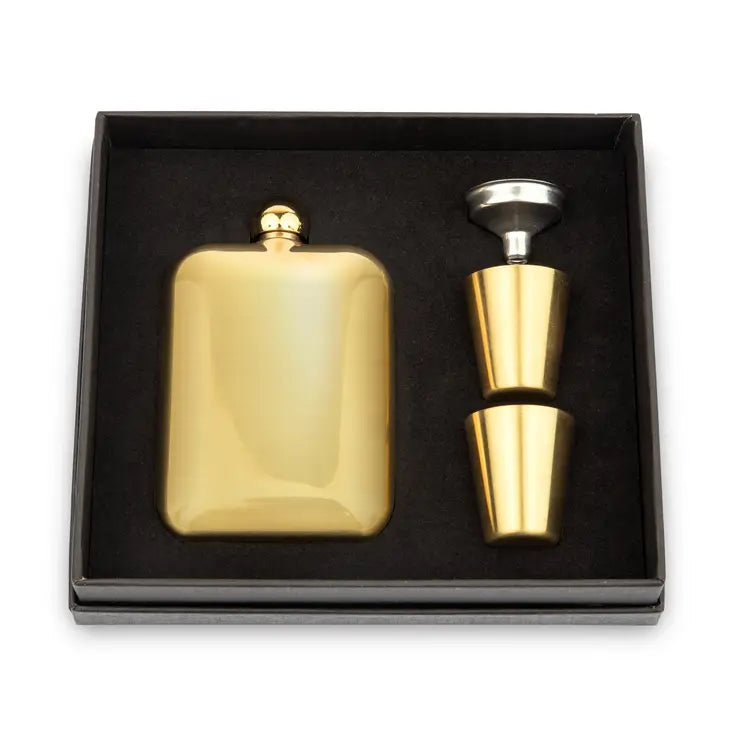 6 oz. Gold Metal Round Edged Hip Flask Gift Box Set - Blank