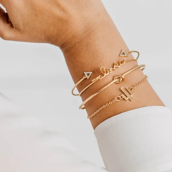 Gold Metal Stack Bracelet & Bangle Gift - Love - Set of 4