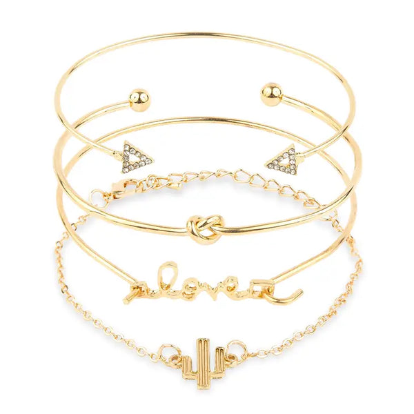 Gold Metal Stack Bracelet & Bangle Gift - Love - Set of 4