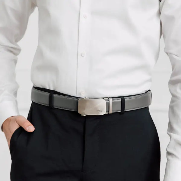 Men's Grey Leather Belt - Monogrammed Silver Buckle