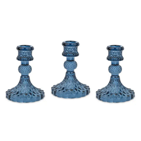 Vintage Style Pressed Glass Candle Holder – Blue – Set of 3