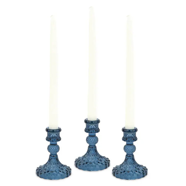 Vintage Style Pressed Glass Candle Holder – Blue – Set of 3