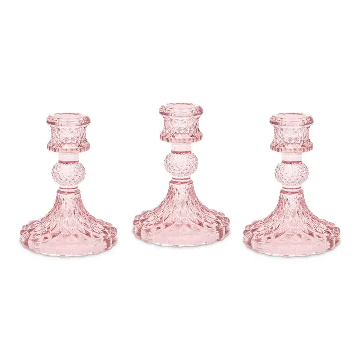 Vintage Style Pressed Glass Candle Holder – Pink – Set of 3