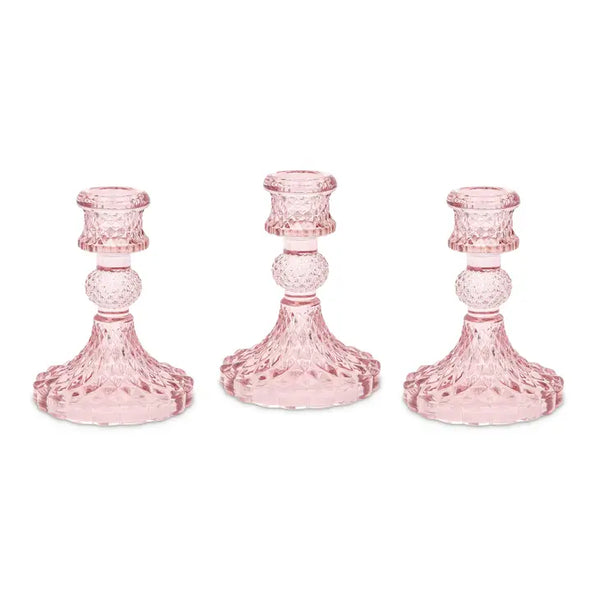 Vintage Style Pressed Glass Candle Holder – Pink – Set of 3