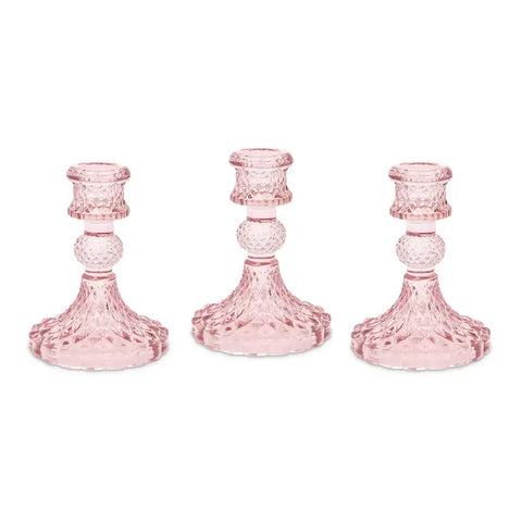 Vintage Style Pressed Glass Candle Holder – Pink – Set of 3