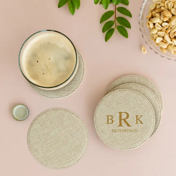 Round Burlap Drink Coasters with Holder - Blank - Set of 6