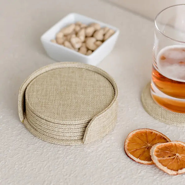 Round Burlap Drink Coasters with Holder - Blank - Set of 6