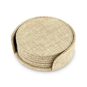 Round Burlap Drink Coasters with Holder - Blank - Set of 6