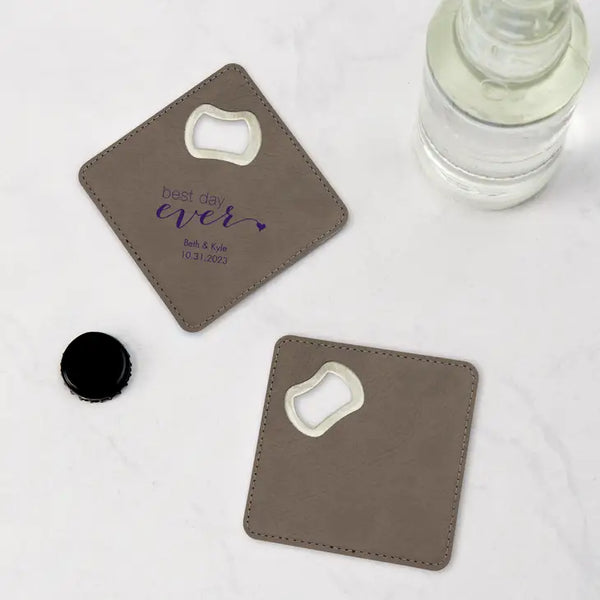 Gray Faux Leather Drink Coaster Favor with Bottle Opener - Blank | + Designs Available