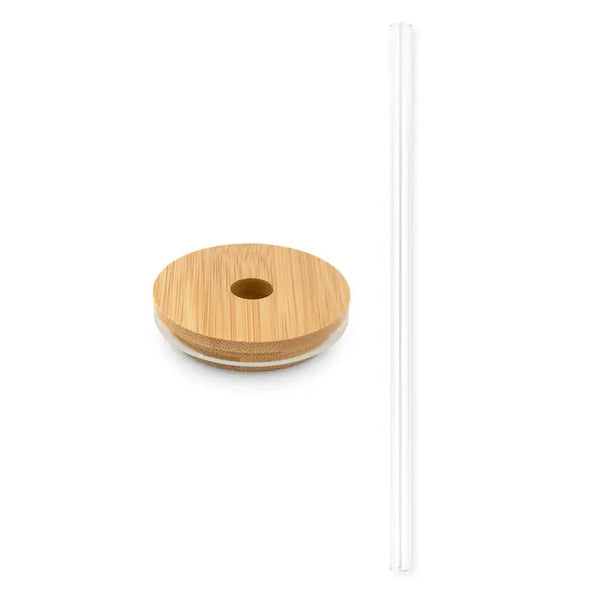 Round Bamboo Lid with Straight Glass Straw - Natural