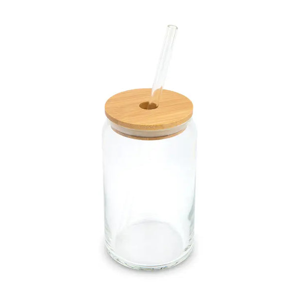 Round Bamboo Lid with Straight Glass Straw - Natural