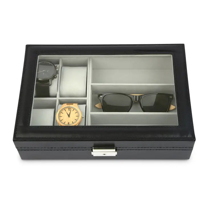 Black Faux Leather Watch and Sunglasses Travel Box - Blank