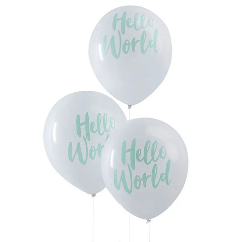 Medium 12" Round White Baby Shower Balloons - Hello World - Pack of 12