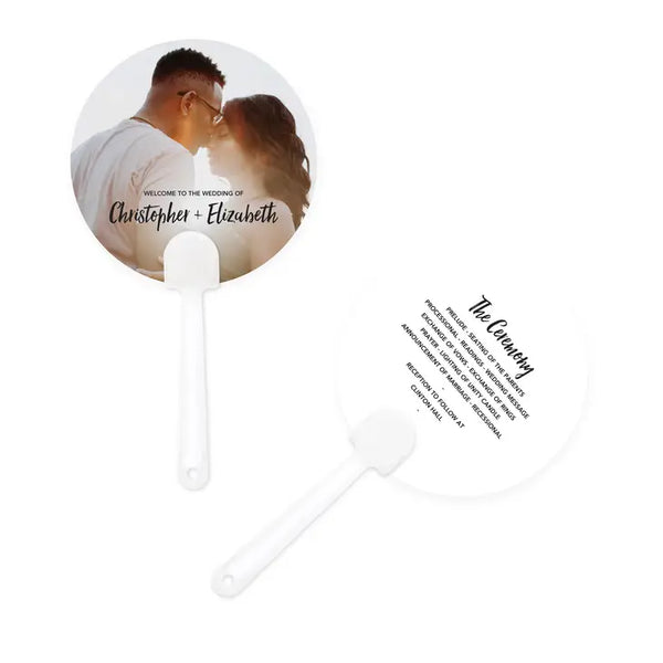 Personalized Photo Printed Paper Circle Hand Fan Wedding Favor - Handwritten Elegance