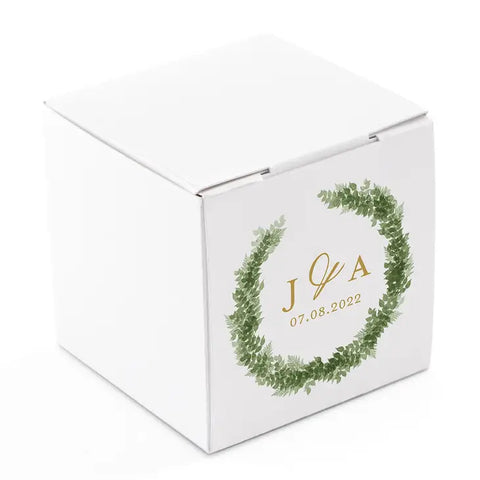 Miniature Custom Printed Square Paper Favor Boxes - Love Wreath Initial