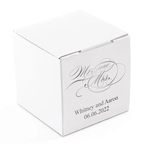 Miniature Custom Foil Printed Square Paper Favor Boxes - Mr & Mrs Script