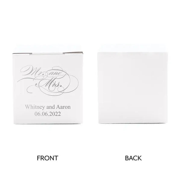 Miniature Custom Foil Printed Square Paper Favor Boxes - Mr & Mrs Script