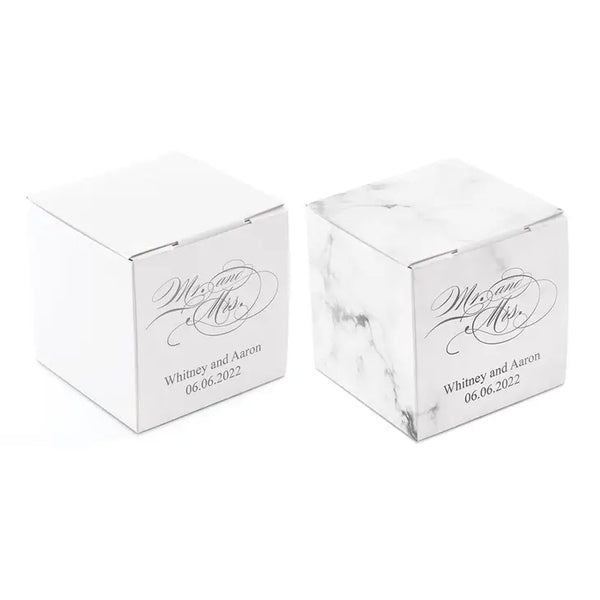 Miniature Custom Foil Printed Square Paper Favor Boxes - Mr & Mrs Script