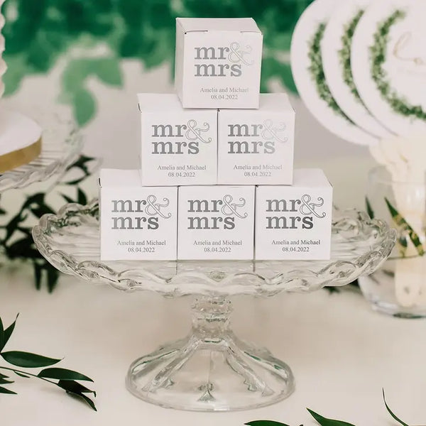 Miniature Custom Foil Printed Square Paper Favor Boxes - Mr & Mrs