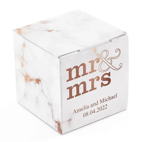 Miniature Custom Foil Printed Square Paper Favor Boxes - Mr & Mrs