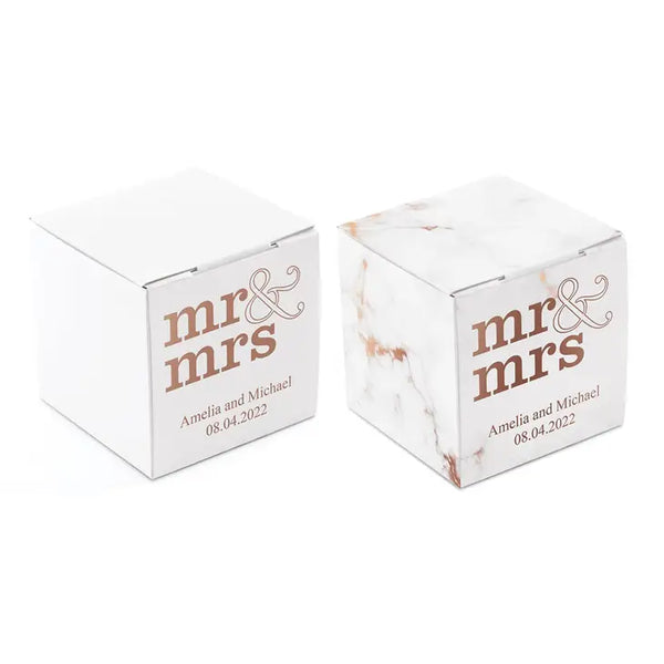 Miniature Custom Foil Printed Square Paper Favor Boxes - Mr & Mrs