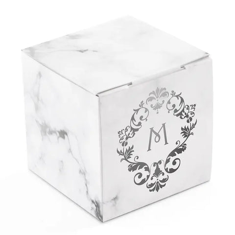 Miniature Custom Foil Printed Square Paper Favor Boxes - Classic Filigree Monogram