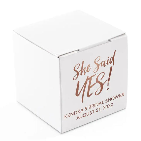 Miniature Custom Foil Printed Square Paper Favor Boxes - She Said Yes