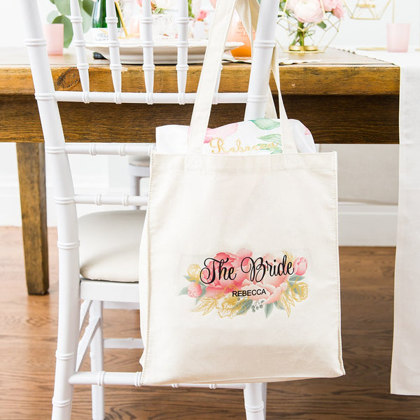 Custom Printed White Cotton Canvas Fabric Tote Bag - Modern Floral