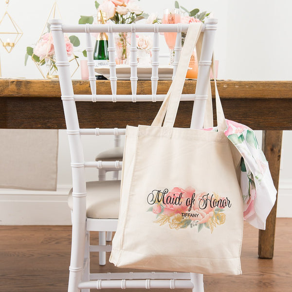 Custom Printed White Cotton Canvas Fabric Tote Bag - Modern Floral