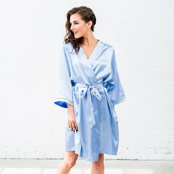 Women's Personalized Embroidered Satin Robe With Pockets- Periwinkle / Light Blue