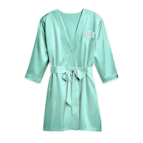 Women's Personalized Embroidered Satin Robe With Pockets - Mint Green