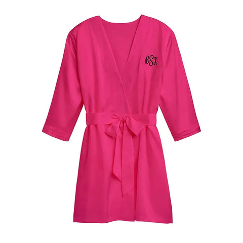 Women's Personalized Embroidered Satin Robe With Pockets - Fuchsia Pink