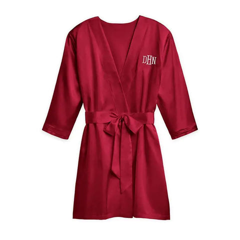 Women's Personalized Embroidered Satin Robe With Pockets - Ruby Red