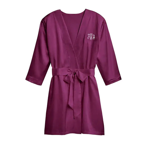 Women's Personalized Embroidered Satin Robe With Pockets - Plum Purple