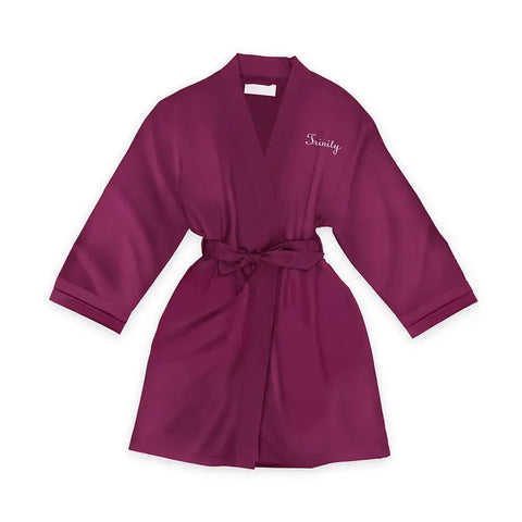 Personalized Junior Bridesmaid Satin Robe With Pockets - Plum Purple