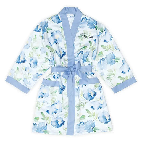 Women's Personalized Embroidered Floral Satin Robe With Pockets - Blue