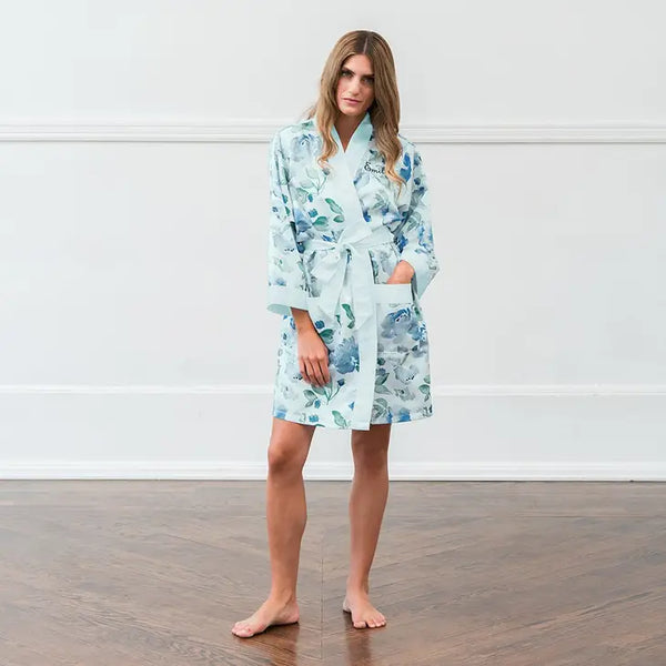 Women's Personalized Embroidered Floral Satin Robe With Pockets - Light Blue & Mint