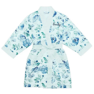 Women's Personalized Embroidered Floral Satin Robe With Pockets - Light Blue & Mint