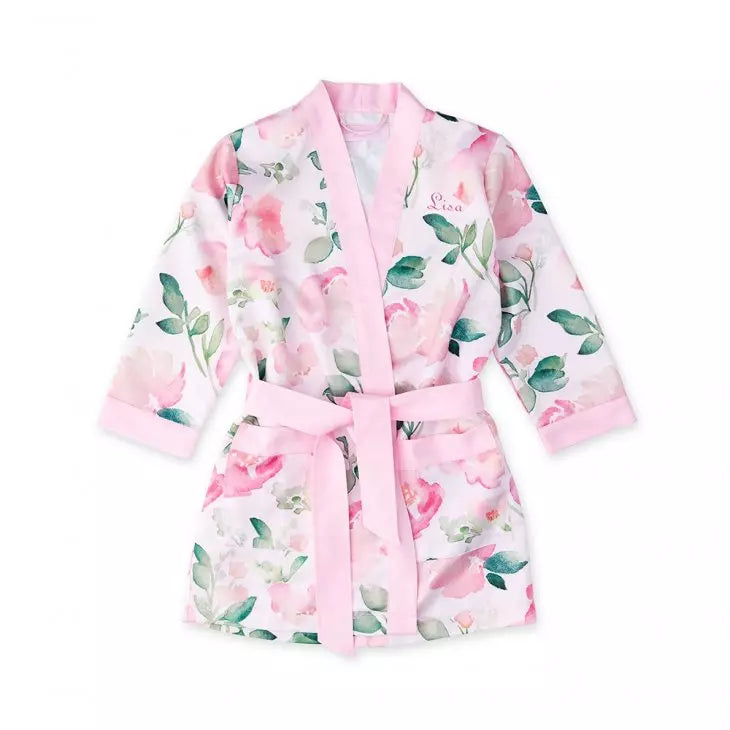 Personalized Flower Girl Satin Robe With Pockets - Pink Floral