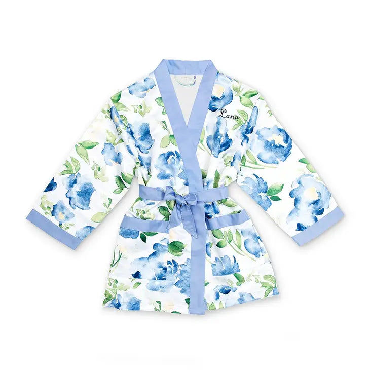 Personalized Junior Bridesmaid Satin Robe With Pockets - Blue Floral