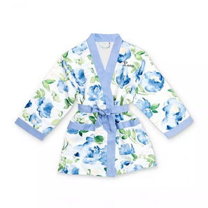 Personalized Flower Girl Satin Robe With Pockets - Blue Floral