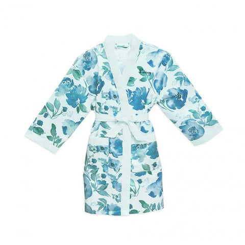 Personalized Flower Girl Satin Robe With Pockets - Light Blue & Mint Floral