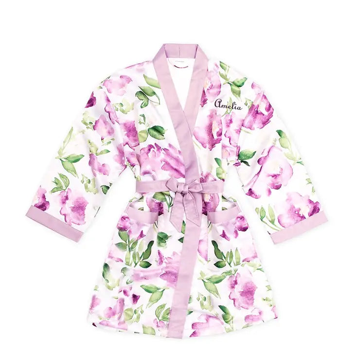 Personalized Junior Bridesmaid Satin Robe With Pockets - Lavender Floral