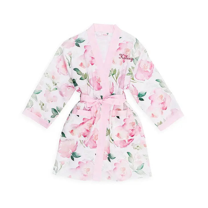 Personalized Junior Bridesmaid Satin Robe With Pockets - Pink Floral