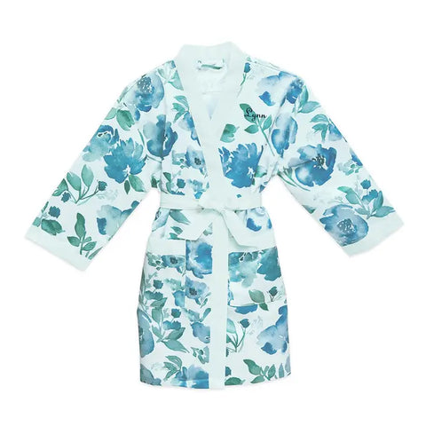 Personalized Junior Bridesmaid Satin Robe With Pockets - Light Blue & Mint Floral