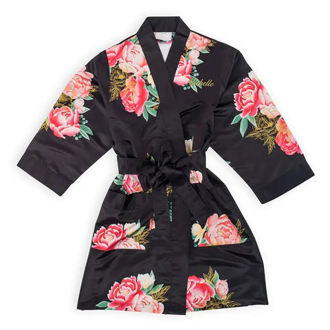 Women's Personalized Embroidered Floral Satin Robe With Pockets - Black Blissful Blooms