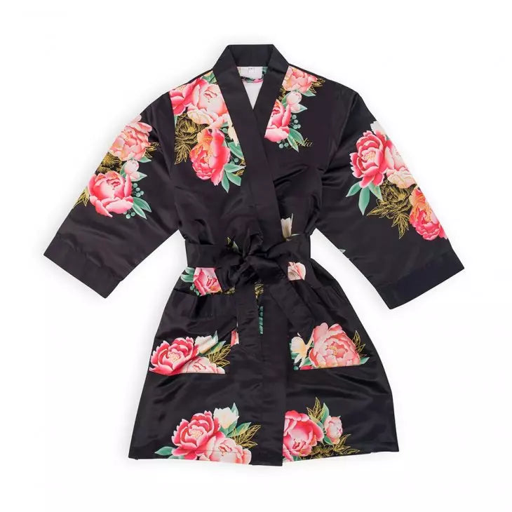 Personalized Flower Girl Satin Robe With Pockets - Black Blissful Blooms