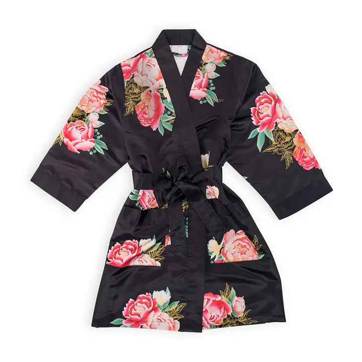 Personalized Junior Bridesmaid Satin Robe With Pockets - Black Blissful Blooms