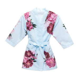 Personalized Junior Bridesmaid Satin Robe With Pockets - Light Blue & Red Blissful Blooms